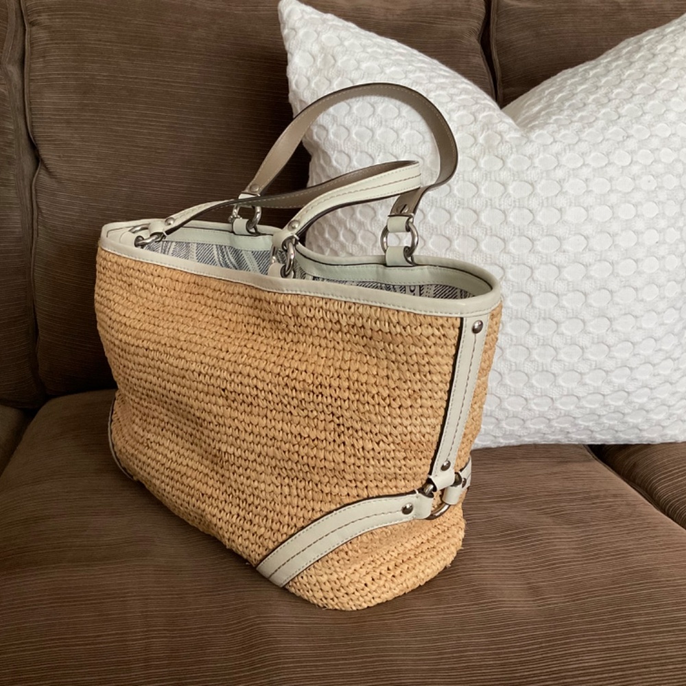 Coach Tan Straw Tote with Cream and Taupe Leather Trim - Picture 5 of 9